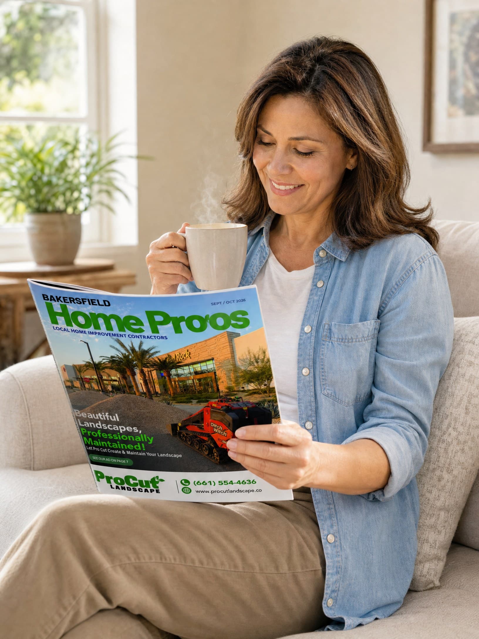 A homeowner on her sofa reading the Bakersfield Home Pros issue with a cup of coffee