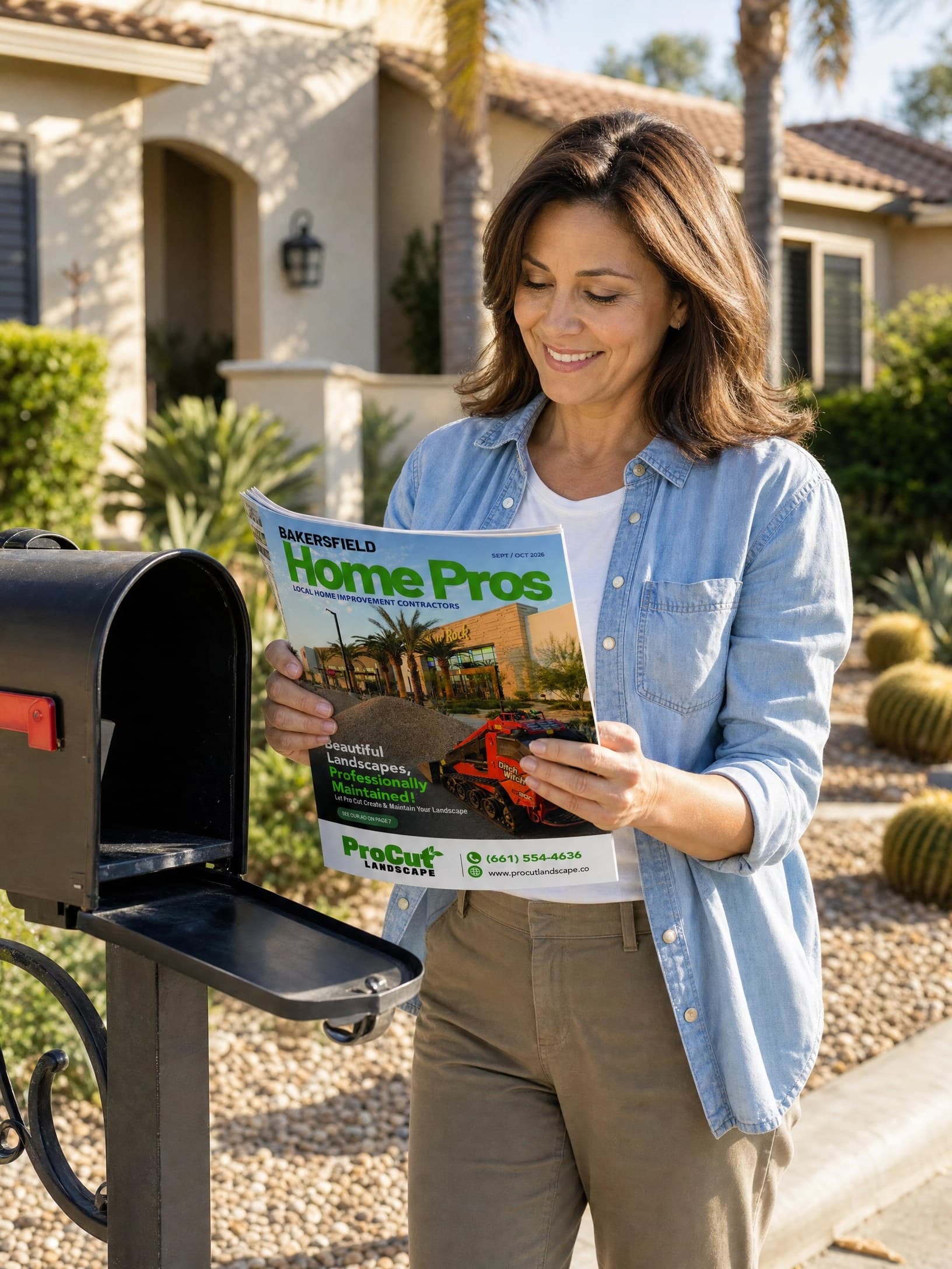 A homeowner at her mailbox with the Bakersfield Home Pros issue just delivered
