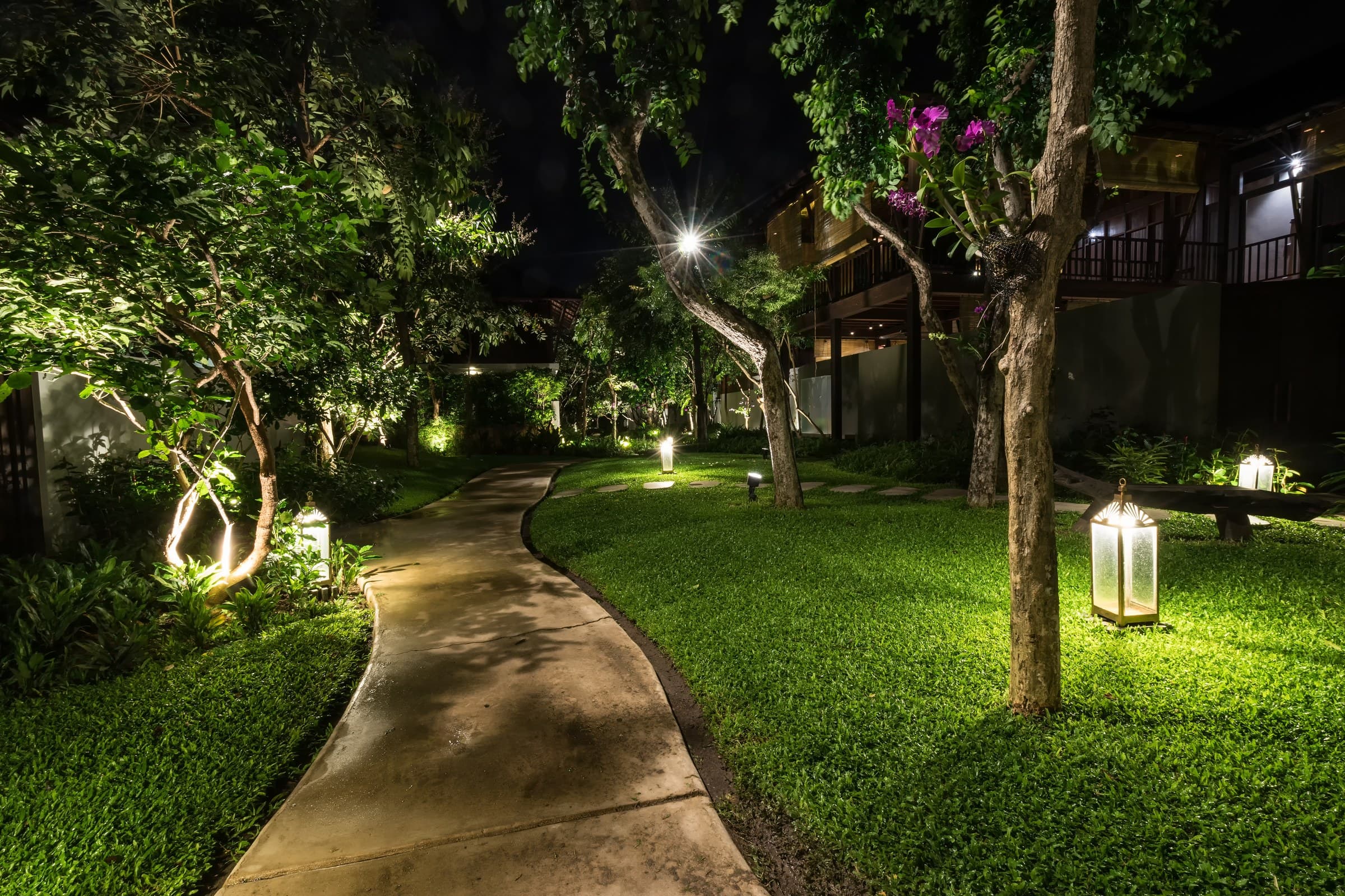 A lit garden path at night with lanterns, uplit trees and a lawn