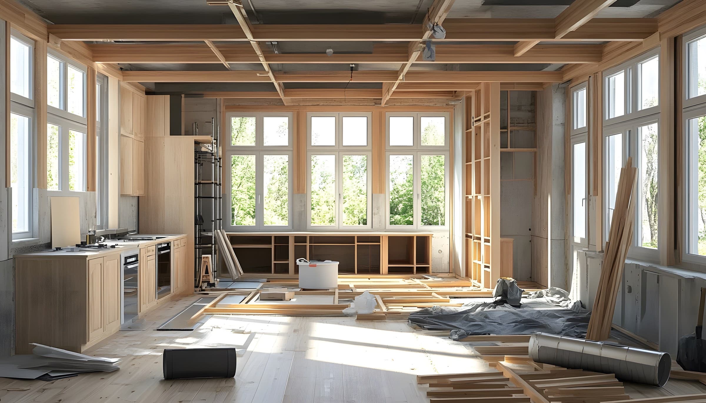 A whole-home remodel in progress: new framing, windows and cabinetry going into a sunlit room