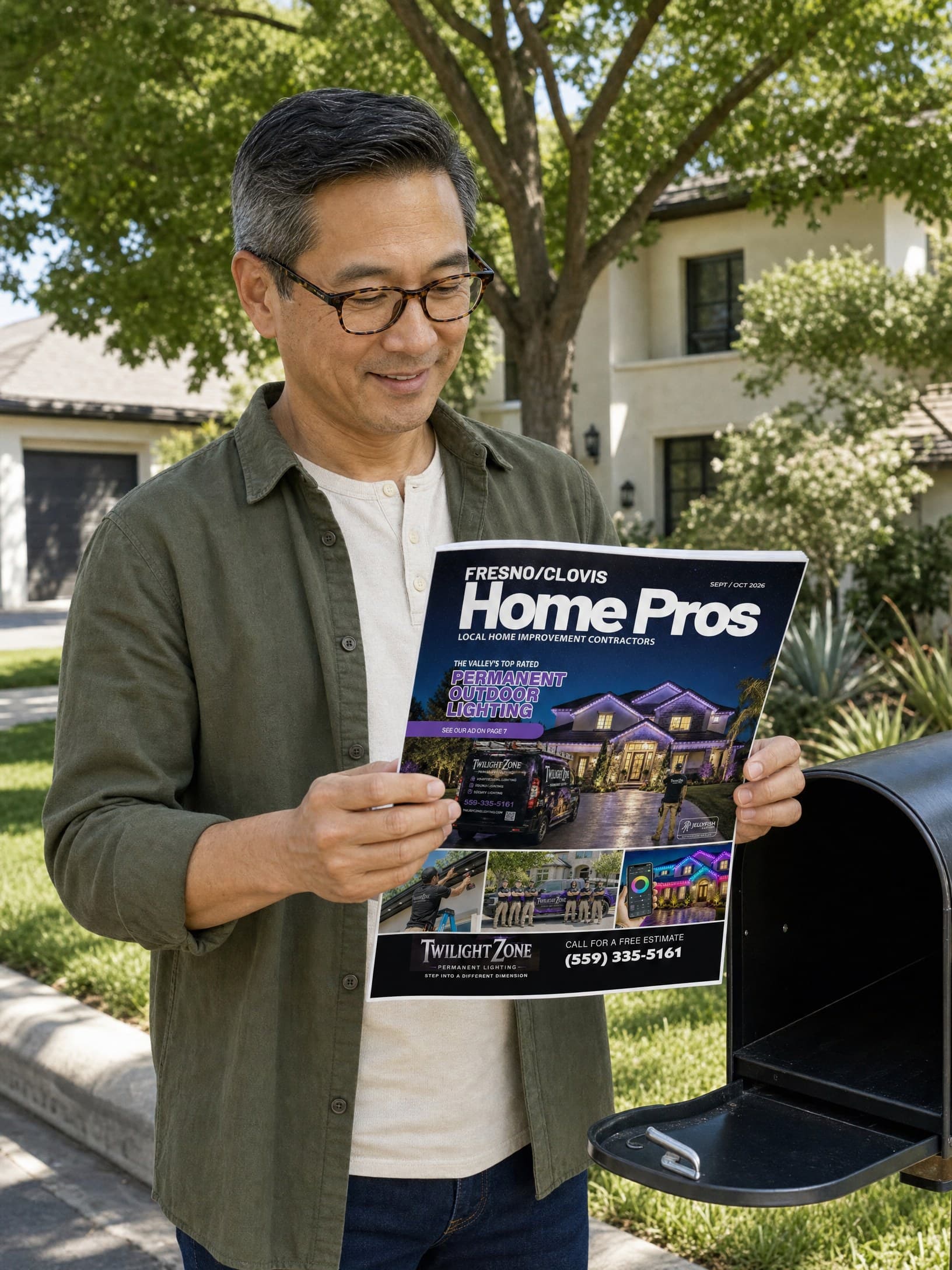 A homeowner at his mailbox reading the Fresno/Clovis Home Pros issue that just arrived