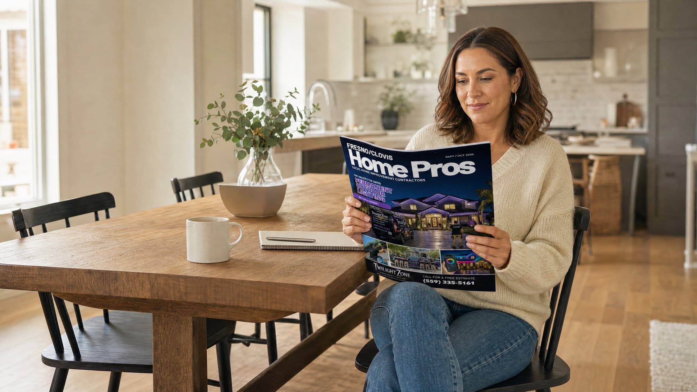 A homeowner reading the Fresno/Clovis Home Pros issue at her dining table