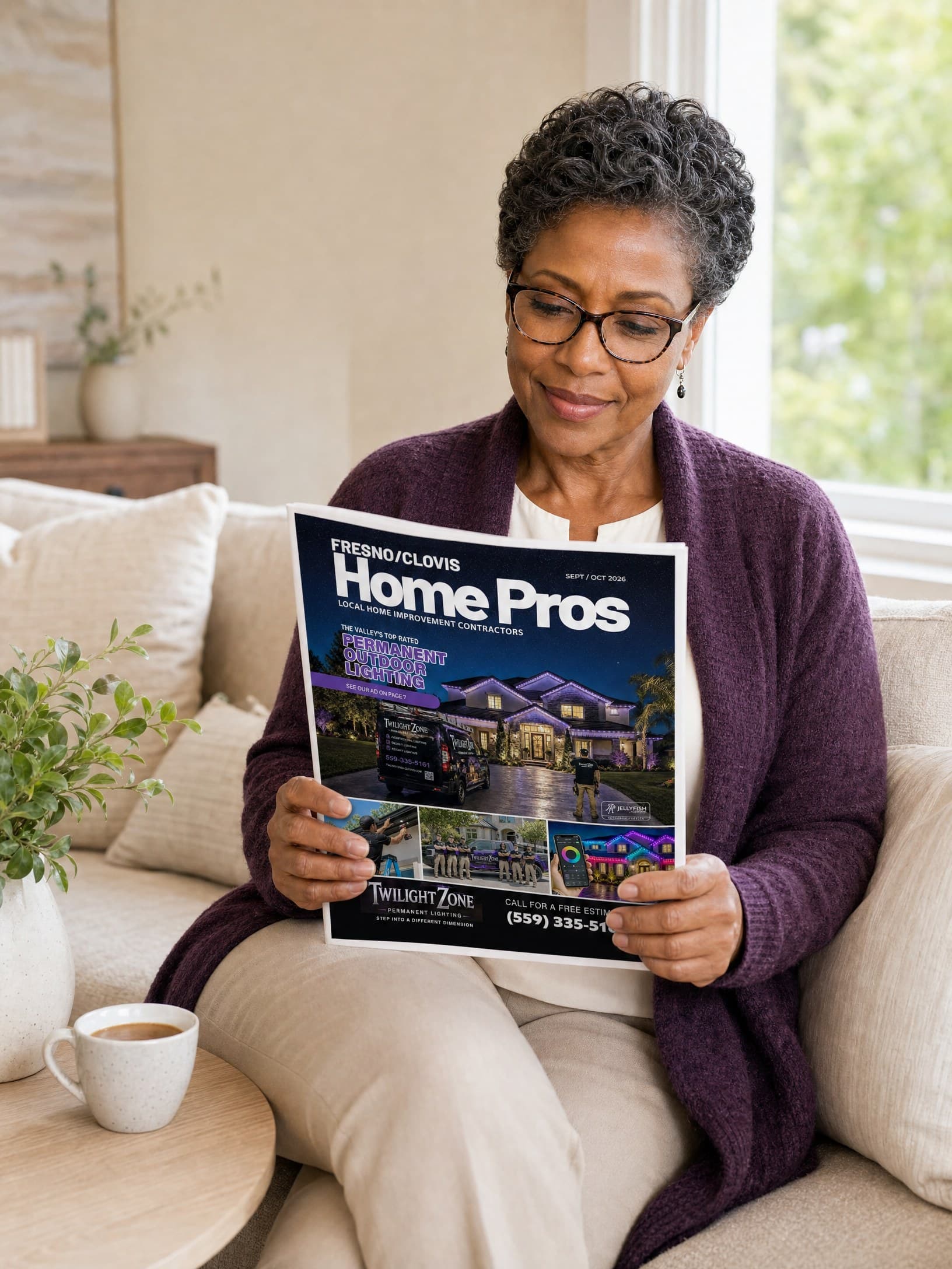 A homeowner reading the Fresno/Clovis Home Pros issue on her sofa